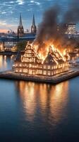 A burning building on the water with a city in the background photo
