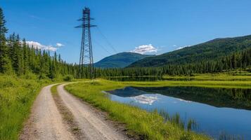 A dirt road with a power line photo