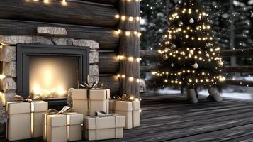 Christmas fireplace with presents and a christmas tree photo