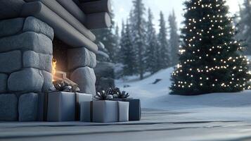 Christmas fireplace with presents and trees photo
