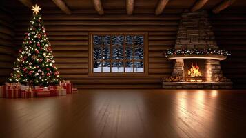 Christmas tree and fireplace in a log cabin photo