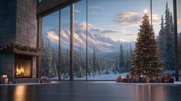 Christmas tree in a living room with fireplace and mountains in the background photo
