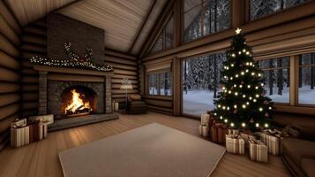 Christmas tree in a log cabin with fireplace photo