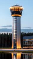 The control tower at the airport at dusk photo