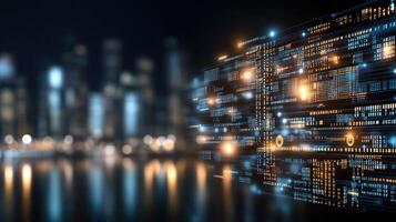 Digital cityscape with digital data and lights photo