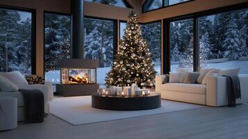 A living room with a fireplace and christmas tree photo