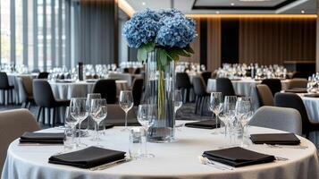 A table with white linens and black chairs photo