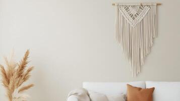 A white couch and a macrame wall hanging photo