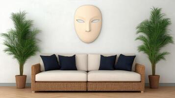 A white couch and a white mask on the wall photo