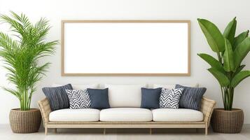 Mock up of a blank white frame on a white sofa in a room with a potted photo
