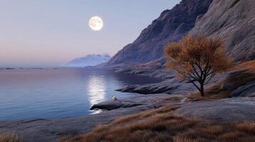 A tree is sitting on a rock by the water photo