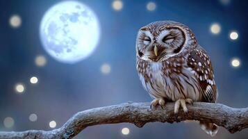 Owl sitting on branch with moon in background photo