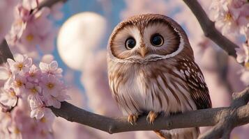 Owl sitting on a branch with pink flowers photo