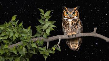 Owl sitting on branch in the dark night sky photo