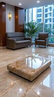 A marble floor in a large office with furniture photo