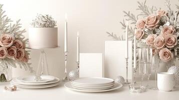 A table setting with white and pink flowers photo