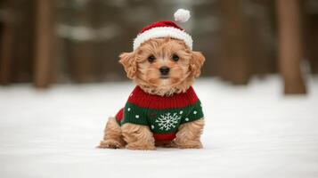 A small dog wearing a christmas sweater in the snow photo