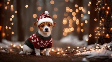 A dog wearing a christmas sweater and hat in the woods photo