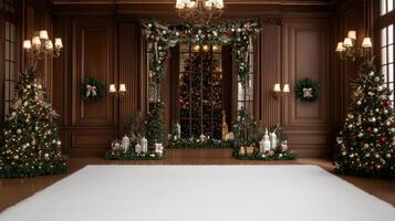 Christmas decorations in a room with a white rug photo
