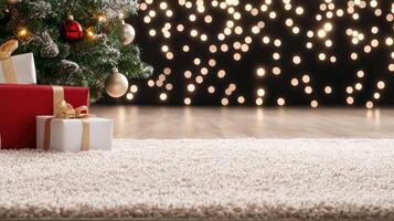 Christmas tree and presents on a white rug photo