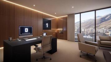 A modern office with a desk and chair photo