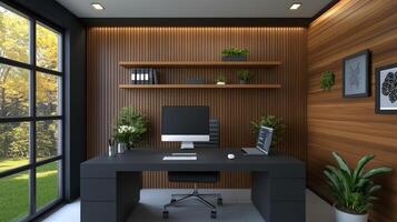 A modern home office with a desk and a window photo