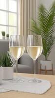 Two wine glasses on a table in front of a couch photo