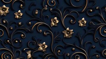 A black and gold floral pattern on a blue background photo