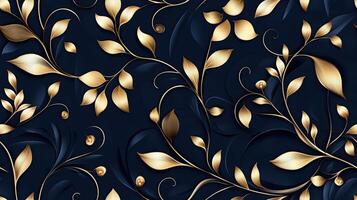 Golden leaves and flowers on a dark blue background photo