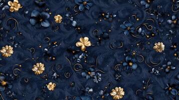 A blue and gold floral fabric with gold leaves photo