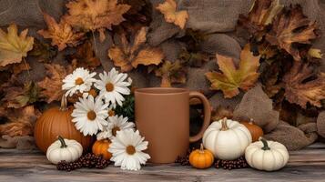 Autumn background with pumpkins and flowers photo
