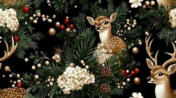 Christmas seamless pattern with deer and flowers photo