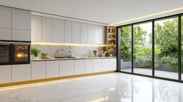 Modern kitchen with marble flooring and white cabinets photo