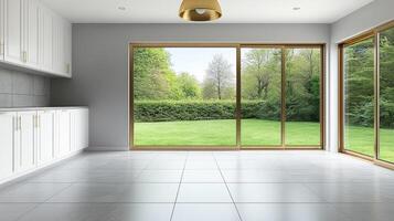 A large open kitchen with sliding glass doors photo