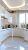 A modern kitchen with white cabinets and gold accents photo