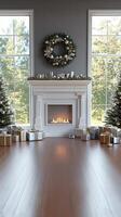 A living room with a fireplace and christmas trees photo