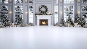 A large room with a fireplace and christmas decorations photo