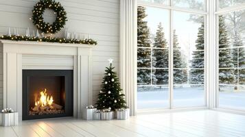 A fireplace in a white room with christmas decorations photo