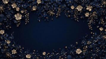 A dark blue background with gold flowers photo