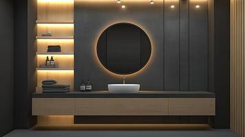 A modern bathroom with a round mirror and a sink photo