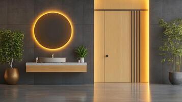 Modern bathroom with a round mirror and potted plant photo