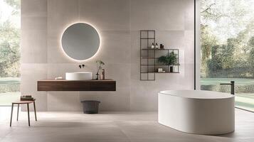 A modern bathroom with a large window and a round mirror photo
