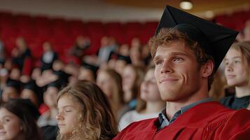 A man in a graduation cap and gown sitting in a crowd photo