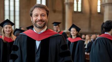 A man in a graduation gown smiling at the camera photo
