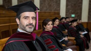 A man in a graduation gown and cap sitting in a row of chairs photo