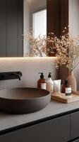A modern bathroom with a sink and a mirror photo