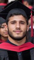 A man in a graduation cap and gown with a red tassel photo