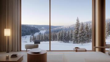 A modern bedroom with a view of the mountains photo