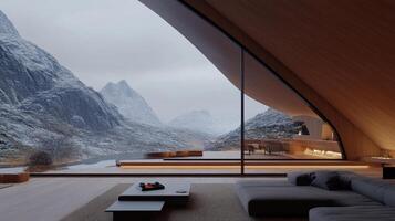 A living room with a mountain view and a fireplace photo