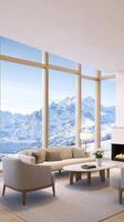 A living room with a view of mountains photo